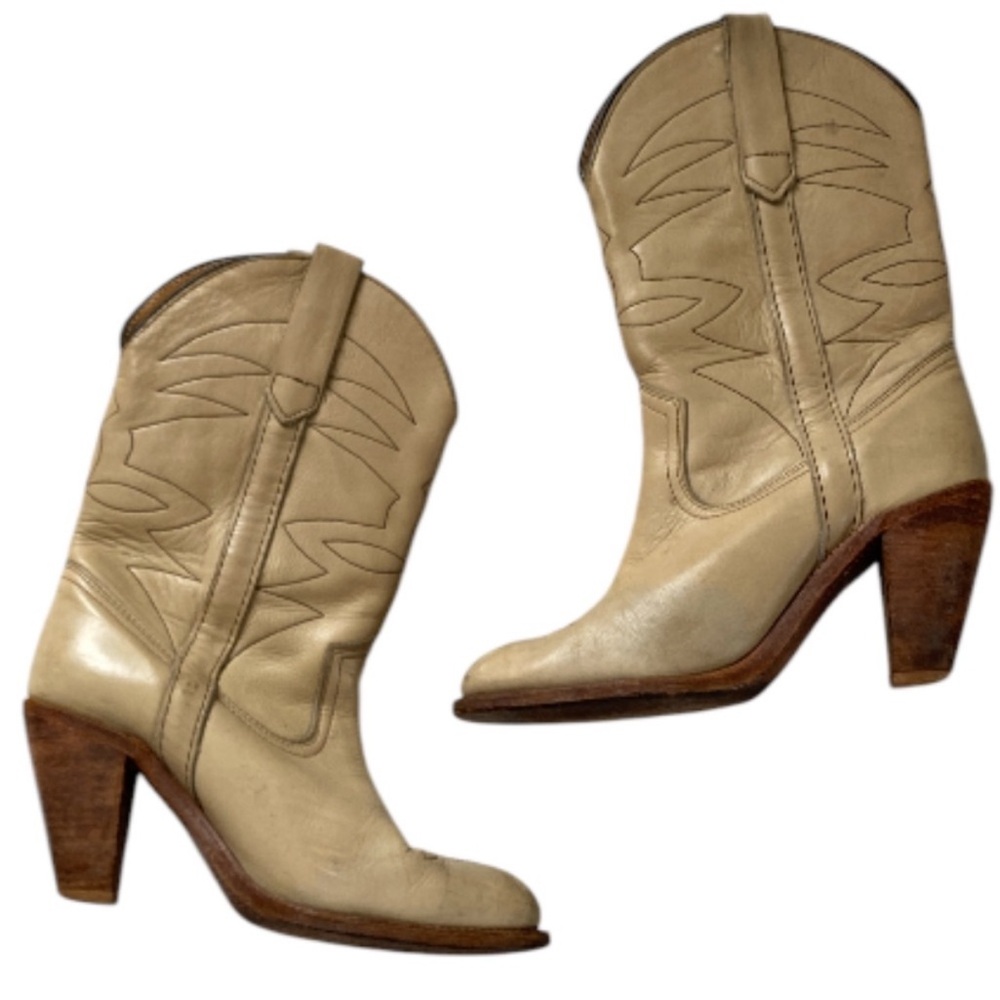 Frye Vintage Cream Taupe Leather Pull On Cowboy Western Embroidered Boots